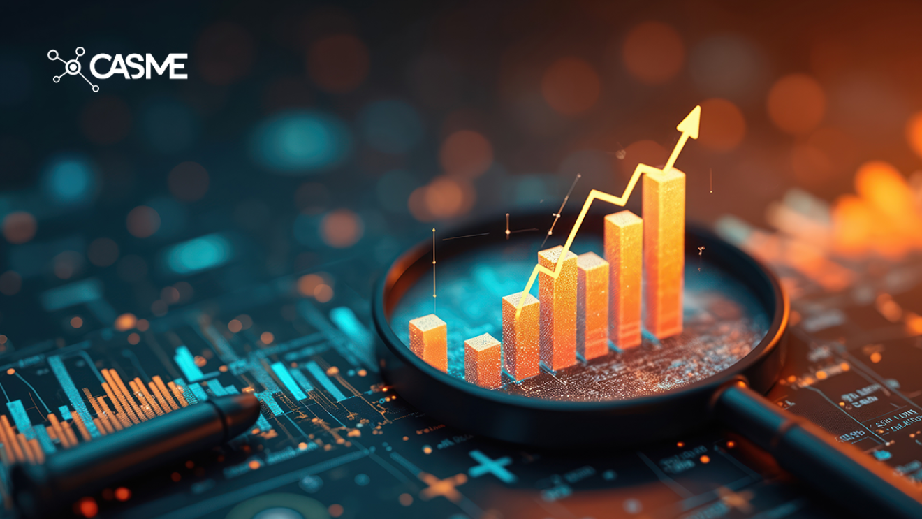 Magnifying glass showing upward chart